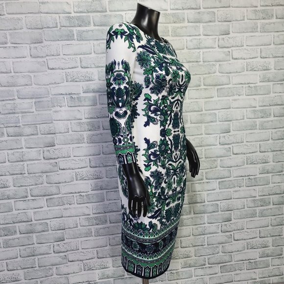 Eliza J Womens 4 Blue Green Paisley 3/4 Sleeve Crew Neck Sheath Dress - Picture 4 of 9